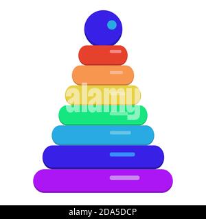 Spielzeugpyramide mit farbigen Ringen für frühe Kinderentwicklung und Kinder spielen isoliert auf weißem Hintergrund. Vektorgrafik im flachen Stil. Stock Vektor