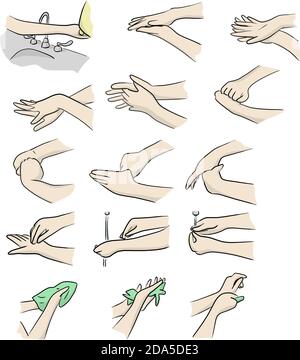 Verschiedene Schritte des Händewaschens Vektor bunte Illustration Skizze Doodle Handgezeichnet mit schwarzen Linien isoliert auf weißem Hintergrund Stock Vektor