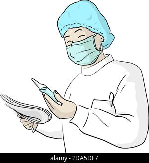 Arzt mit Sicherheit chirurgische Maske hält Fläschchen der Medizin und Die andere Hand hält Papier Vektor Illustration Skizze Doodle Hand Isoliert auf WH gezeichnet Stock Vektor