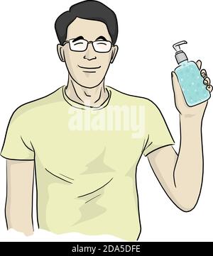 Mann mit Gläsern hält Hände Desinfektionsmittel Vektor Illustration Skizze Doodle Handgezeichnet isoliert auf weißem Hintergrund Stock Vektor