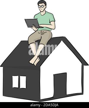 Mann mit Brille, der in einem kleinen Haus am Computer-Laptop arbeitet vektor-Illustration Skizze Doodle Hand gezeichnet mit schwarzen Linien isoliert Auf weißem Hintergrund Stock Vektor