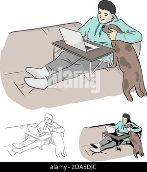 Mann, der am Computer zu Hause mit Hund Vektor-Illustration Skizze Doodle Hand gezeichnet mit schwarzen Linien isoliert auf weiß Hintergrund Stock Vektor