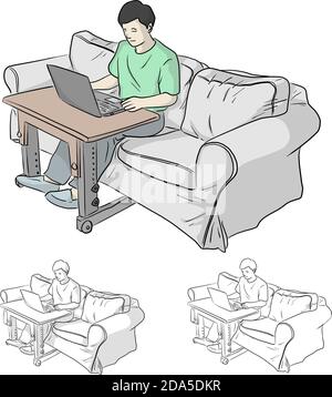 Mann, der auf einem Laptop auf einem grauen Sofa arbeitet oder lernt Das Wohnzimmer in Quarantäne für Coronavirus oder Covid-19 Vektor Abbildung Skizze Doodle Hand dra Stock Vektor