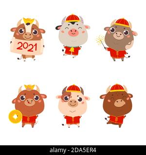 Set von niedlichen Cartoon Ochsen und Kühe.Frohes neues Jahr Stock Vektor