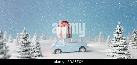 Auto Trägt Weihnachtsgeschenke In Snowy Landscape. Winter Holidays Hintergrund 3d Rendern 3d-Illustration Stockfoto