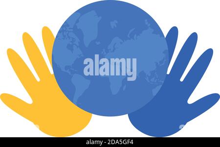 Hände drucken Farben gelb und blau Syndrom in der Welt Planeten Vektor Illustration Design Stock Vektor