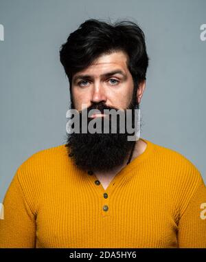 Barbier mit langem Bart und Schnurrbart im Barbershop. Bärtiger Mann. Schöner junger Mann auf grauem Hintergrund Blick auf Kamera. Stockfoto