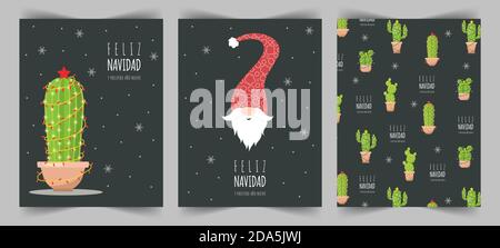 Feliz navidad Karten mit niedlichen weihnachtself und Kakteen. Frohe Weihnachten. Stock Vektor