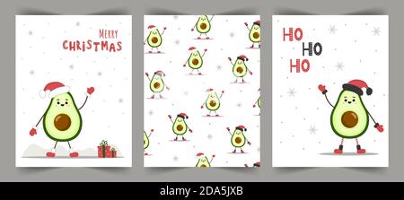 Niedliche weihnachtskarten mit Avocado im weihnachtsmütze. Frohe Weihnachten. Stock Vektor