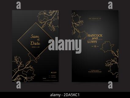 Dunkler Hintergrund mit Gold floral Hochzeit Einladungskarte Vorlage. Stock Vektor