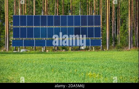 Sonnenkollektoren am Waldrand im Sommer, Finnland Stockfoto