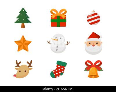 Weihnachten und Neujahr niedliche Zeichentricksymbole für Karten, Werbung, Tags, Schilder und Symbole. Vektor-Cartoon. Stockfoto