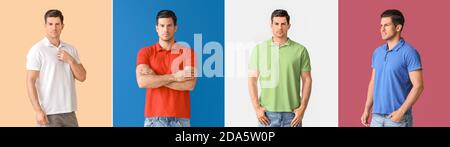 Collage mit jungen Mann in stylischen T-Shirts Stockfoto