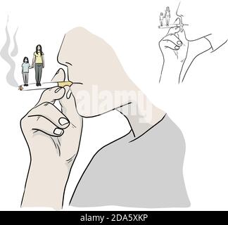 Mann Rauchen mit seiner Familie auf seiner Zigarette Vektor-Illustration Skizze Doodle Hand gezeichnet mit schwarzen Linien isoliert auf weißem Hintergrund. Hören Sie auf zu rauchen Stock Vektor