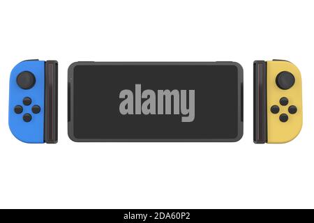 Realistische Videospiel-Controller an Mobiltelefon isoliert auf weiß mit Clipping-Pfad angeschlossen. 3D-Rendering von blauen und gelben Gamepad für Online-Gam Stockfoto