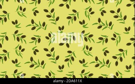 Nahtloses Olivmuster. Vektor dekorativen Olivenzweig. Zweige mit schwarzen reifen Oliven auf grünem Hintergrund. Für Etiketten, Verpackungen oder Stoffe. Stock Vektor