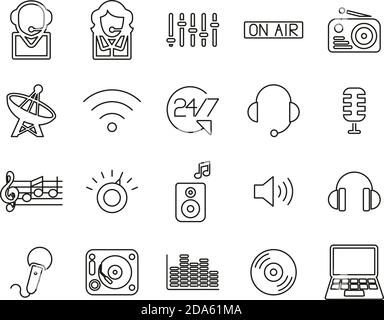 Radio Station & Radio Equipment Icons Schwarz & Weiß Dünn Zeilensatz Groß Stock Vektor