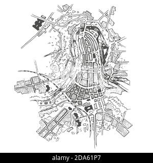 Städtischer Plan der Stadt, des alten Dorfes. Stadtplan von Doodle. Vektorgrafik Stadt zeichnen. Futuristischer Megalopolis City Grundriss. Bern . Stock Vektor