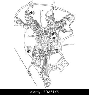 Städtischer Plan der Stadt, des alten Dorfes. Stadtplan von Doodle. Vektorgrafik Stadt zeichnen. Futuristischer Megalopolis City Grundriss. Siena . Stock Vektor