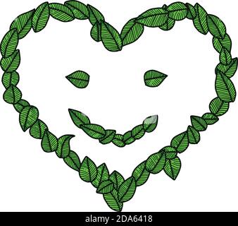 Illustration Vektor Doodle Hand gezeichnet grüne Blätter in Form von Herz mit lächelndem Gesicht, Ökologie Konzept Stock Vektor