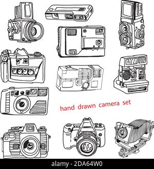 Illustration Vektor von Hand gezeichnete Doodles von vielen Arten von Fotokamera. Stock Vektor