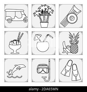 Thailand Symbole Set Vektor-Illustration Tuk-Tuk, Palmen, aufblasbarer Ring, Matratze, Eis, Cocktail, Banane, Ananas, Delphin, Maske, Tube, Stock Vektor