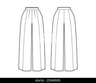 Hose Rock culotte Gaucho technische Mode Illustration mit Knöchel bodenlange, übergroße Silhouette, seitlichen Reißverschluss. Flacher Boden Schablone vorne, hinten, weiße Farbe Stil. Frauen, Männer, Unisex CAD Mockup Stock Vektor