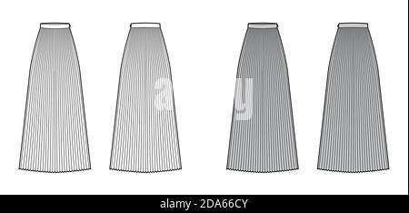 Rock Sunray Falte Maxi technische Mode Illustration mit Boden knöchellang Silhouette, kreisförmige Fülle. Flacher Boden Schablone vorne, hinten, weiß grau Farbe Stil. Frauen, Männer, Unisex CAD Mockup Stock Vektor