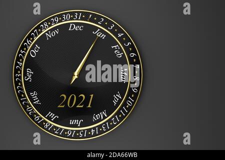 3D Illustration schwarzer Rundtaktkalender mit 12 Monaten, 31 Tagen und 2021 Jahren auf schwarzem Hintergrund. Runder Kalendermonat . Stockfoto