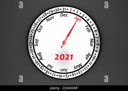 3D Illustration weißer Rundtaktkalender mit 12 Monaten, 31 Tagen und 2021 Jahren auf schwarzem Hintergrund. Runder Kalendermonat . Stockfoto