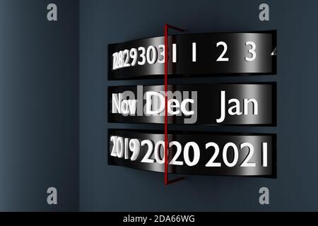 3D Illustration schwarzer Streifenkalender mit 12 Monaten, 31 Tagen und 2021 Jahren auf weißem Hintergrund. Moderner Kalendermonat . Stockfoto