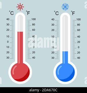 Quecksilberthermometer heiß und kalt. Meteorologie. Temperatur in Celsius und Foringate. Flache Symbole. Vektorgrafik. Stock Vektor