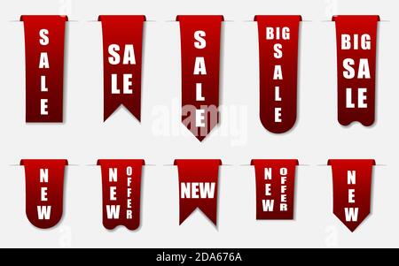 Sale-Tags. 3d-Etiketten und -Abzeichen. Rote Schriftrollen-Bänder. Banner. Vektorgrafik. EPS 10 Stock Vektor