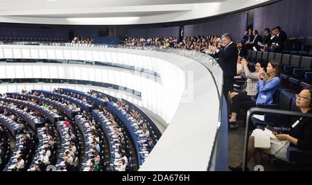 STRASSBURG, FRANKREICH - 18 Jul 2019: Der ehemalige Präsident der Ukraine Petro Poroschenko während der Plenarsitzung des Europäischen Parlaments in Straßburg Stockfoto