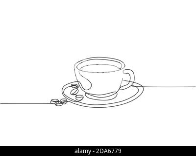Einzelne kontinuierliche Linie Zeichnung einer Tasse Kaffee Getränk mit Kaffeebohnen auf Keramik Untersetzer und Tisch. Café-Getränke-Konzept-Display für Coffee Shop. Stock Vektor