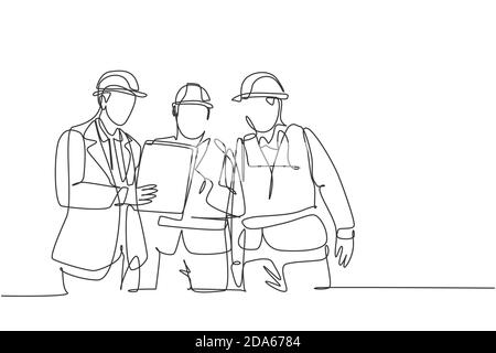Eine fortlaufende Linienzeichnung junger Manager, die Bauherren kurze kurze kurze Erläuterungen über das Baukonzept geben. Gebäudearchitektur Stock Vektor