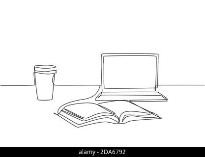 Einzelne kontinuierliche Linie Zeichnung von Computer-Laptop, Papiertasse Kaffee und offenes Buch auf Lerntisch. College Student Studie Schreibtisch Konzept. Eine Linie zeichnen Stock Vektor