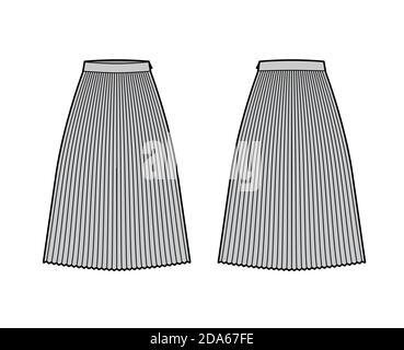 Rock Sunray Falte technische Mode Illustration mit unter-dem-Knie Midi Länge Silhouette, kreisförmige Fülle. Flach unten Schablone vorne, hinten, grau Farbe Stil. Frauen, Männer, Unisex CAD Mockup Stock Vektor