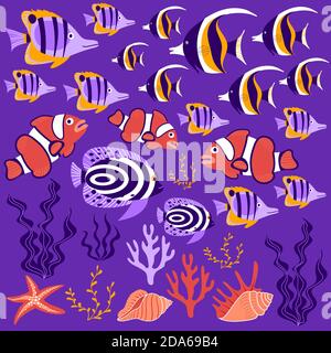 Kollektion tropischer Fische. Nette Cartoon Unterwasser Kreaturen, Muscheln und Algen auf lila Hintergrund. Vektorgrafik. Stock Vektor