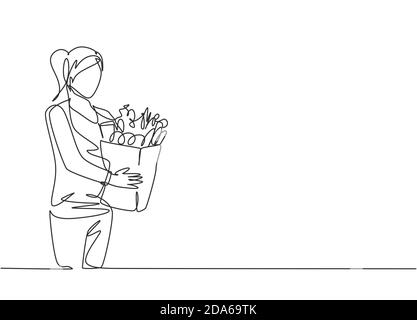 Eine einzige Linie Zeichnung junge glückliche Frau hält Lebensmittelpapierbeutel mit Obst, Gemüse, Brot, Milch innen. Kommerzielles Shopping-Konzept für den Einzelhandel Stock Vektor