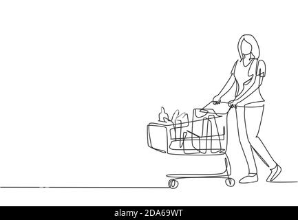 Eine kontinuierliche Linie Zeichnung junge glückliche Frau schieben Trolley im Supermarkt beim Einkaufen von Obst, Gemüse, Brot, Milch. Einkaufen im Supermarkt Stock Vektor