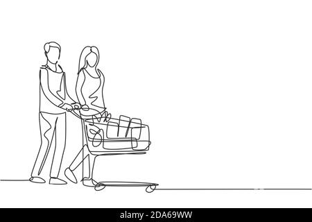 Eine kontinuierliche Linie Zeichnung junge glücklich romantisches Paar schieben Trolley voll von täglich gut, Gemüse, Obst, Milch zusammen. Einkaufen im Supermarkt Stock Vektor