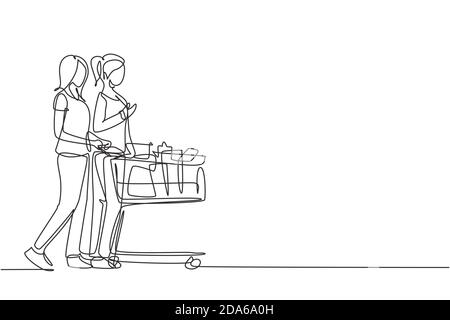 Eine kontinuierliche Linie Zeichnung zwei junge Schönheit glückliche Frau einkaufen und schieben Trolley zusammen im Supermarkt, um täglich Bio-Produkte zu kaufen. Einkaufen Stock Vektor
