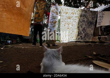 Bogor, Indonesien. November 2020. Ein Handwerker trocknet ein gemustertes Tuch während der Stoffherstellung mit Öko-Druck-Techniken in der Arae Produktionsgalerie in Bogor City, West Java, Indonesien, am 9. November 2020. Eco-Printing ist eine Technik, mit der Pflanzen, Blätter und Blumen ihre Formen, Farben und Markierungen auf Stoff für einen der umweltfreundlichen Modetrends hinterlassen. (Foto von Adrian/INA Photo Agency/Sipa USA) Quelle: SIPA USA/Alamy Live News Stockfoto