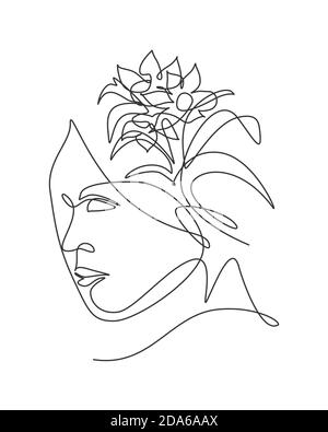 Eine einzige Linie Zeichnung abstraktes Gesicht mit natürlichen Blumen Vektor Illustration. Beauty Frau Porträt minimalistischen Stil Konzept für Wanddekor Kunst Stock Vektor