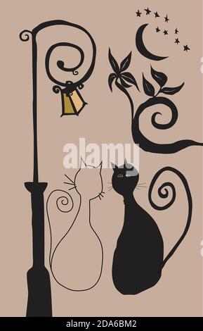 Vektorzeichnung von Straßenkatzen. Zwei Straßenkatzen sitzen zusammen unter einer Straßenlaterne in der Nähe von Blumen, Mond und Sternen Illustration. Stock Vektor