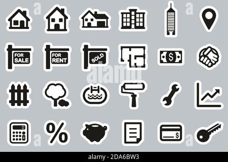 Real Estate Market Icons Schwarz & Weiß Sticker Set Groß Stock Vektor