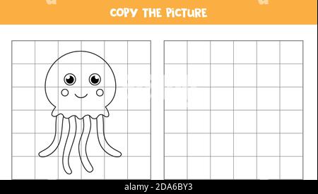 Kopieren Sie das Bild. Niedliche Cartoon Gelee Fisch. Logisches Spiel für Kinder. Stock Vektor