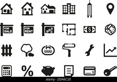 Real Estate Market Icons Black & White Set Big Stock Vektor