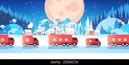 Rote Lastwagen liefern Geschenke fröhliche weihnachten frohes neues Jahr Feiertage Feier Express Lieferung Konzept Winter Landschaft Hintergrund horizontale Vektor Illustration Stock Vektor